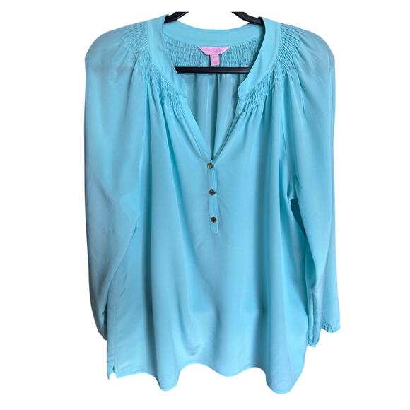 Lilly Pulitzer Elsa Silk Top Blouse Long Sleeve Smocked Neck Bali Blue Size XL - Picture 5 of 14
